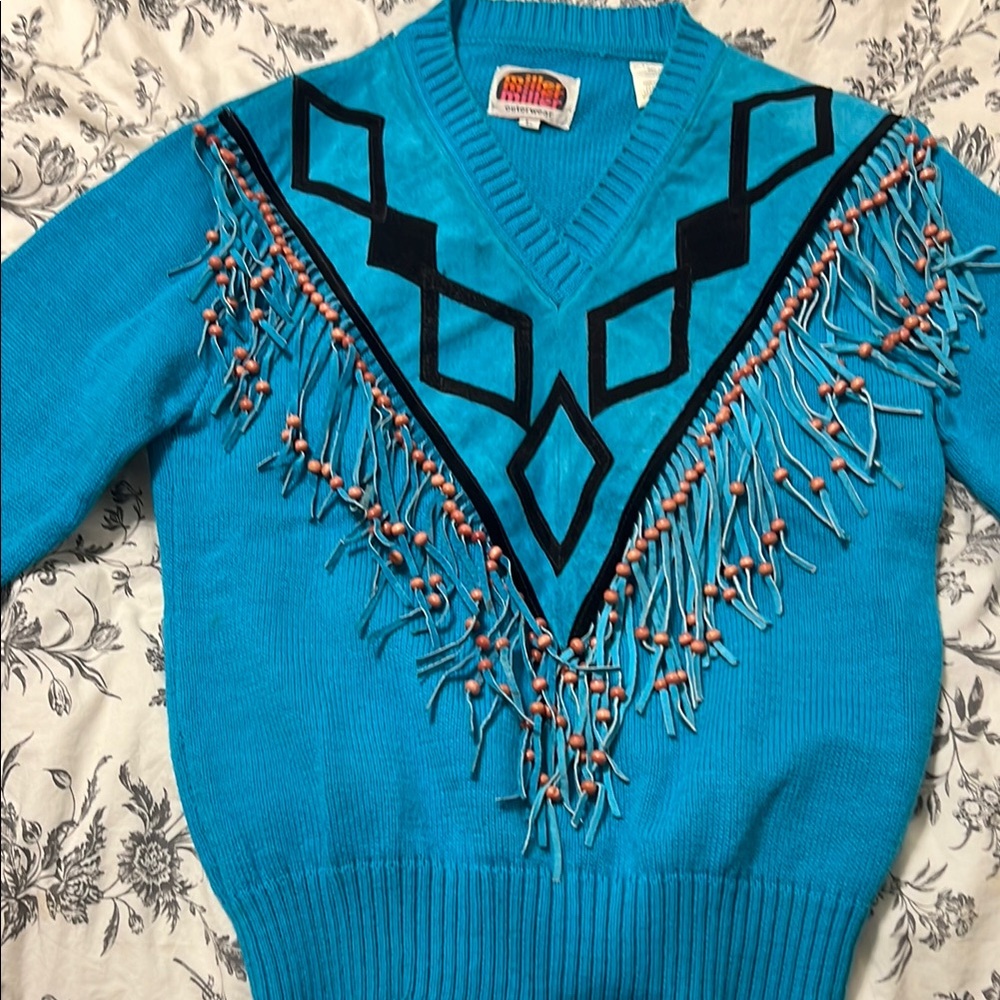 Blue Geometric Fringe Sweater